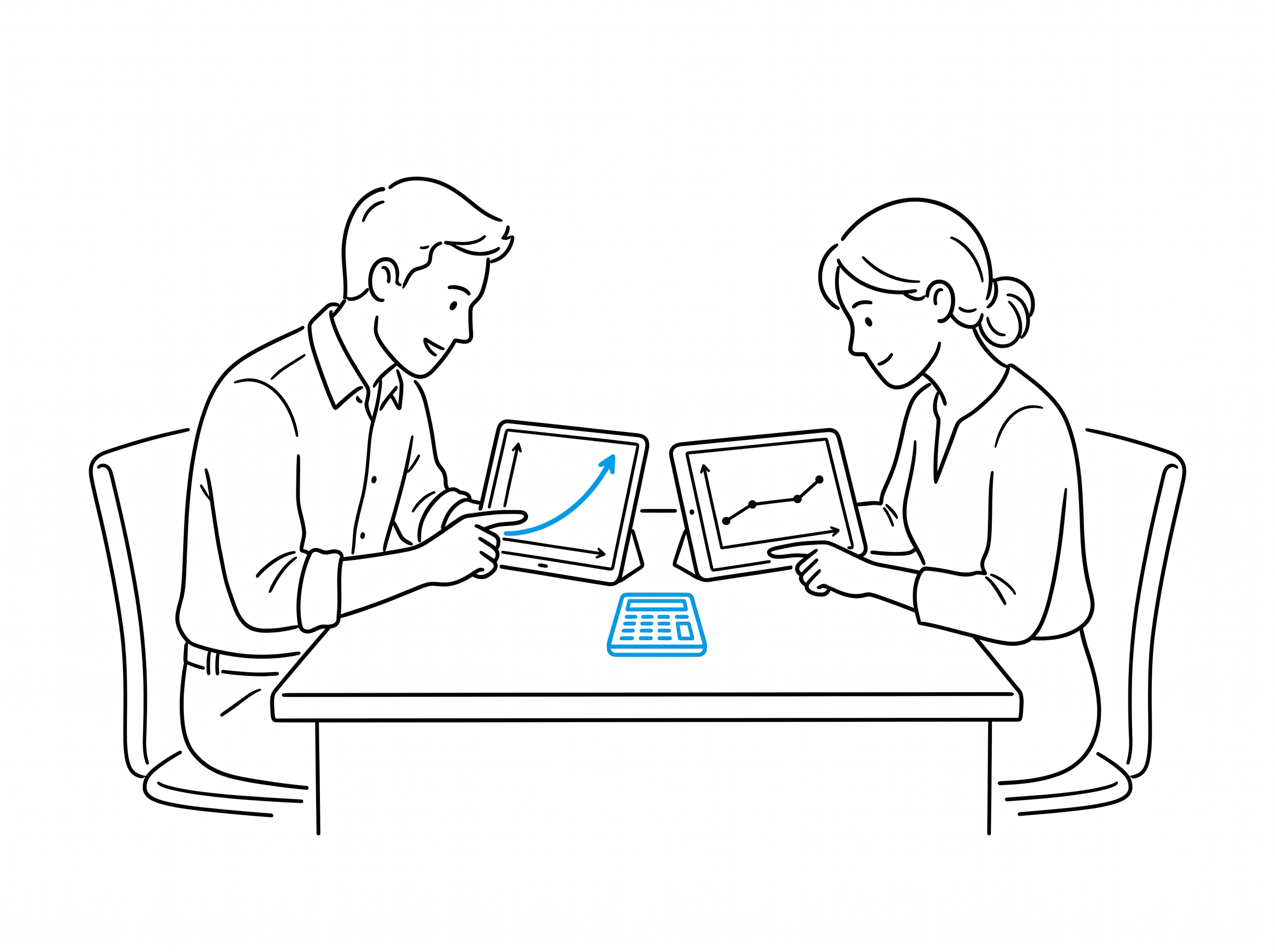 Two teammates comparing growth charts on tablets next to a calculator