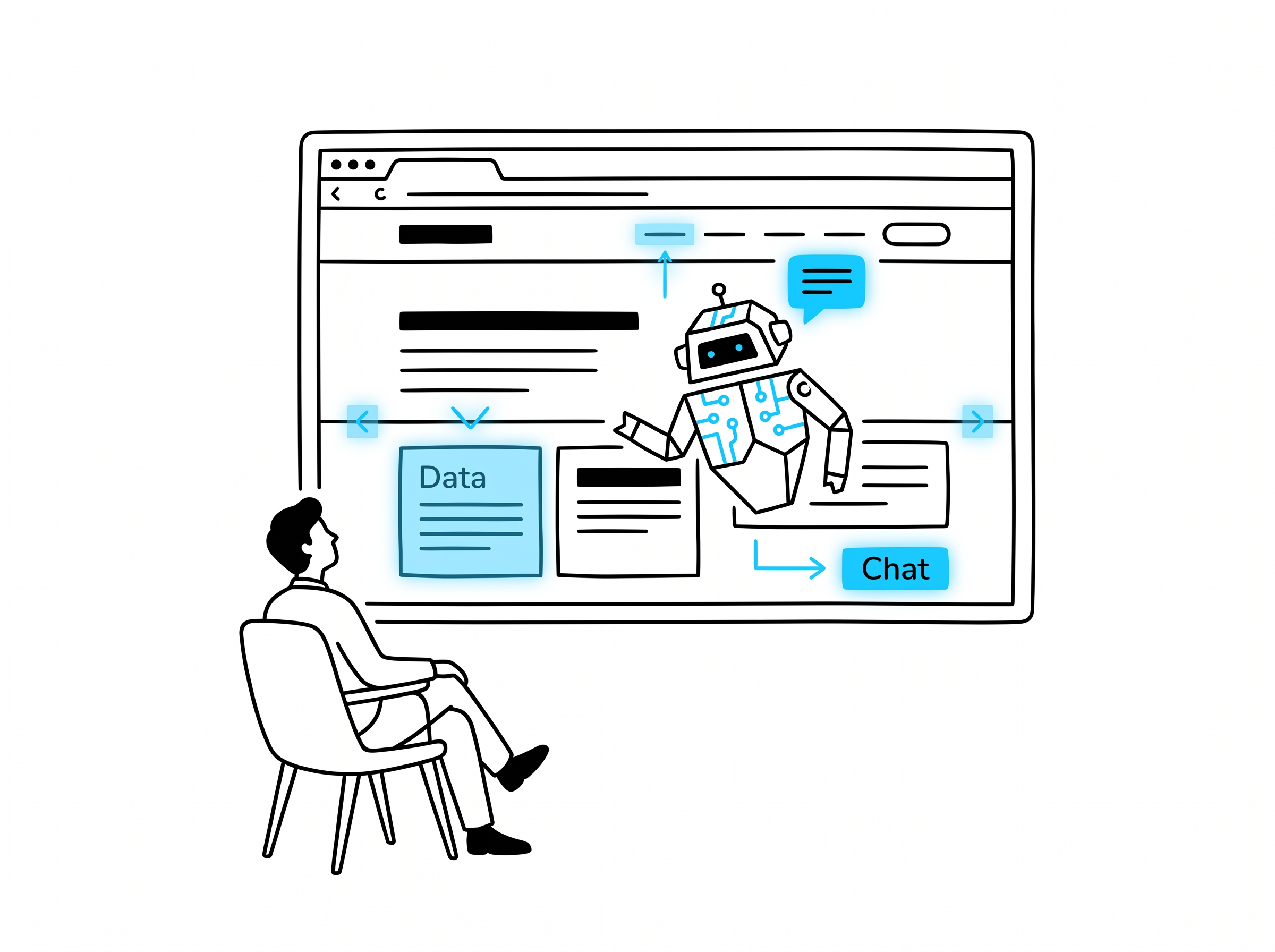 Person watching a large screen where an abstract agent icon actively browses a simplified webpage layout, with blue-highlighted blocks showing which sections are being read and cited
