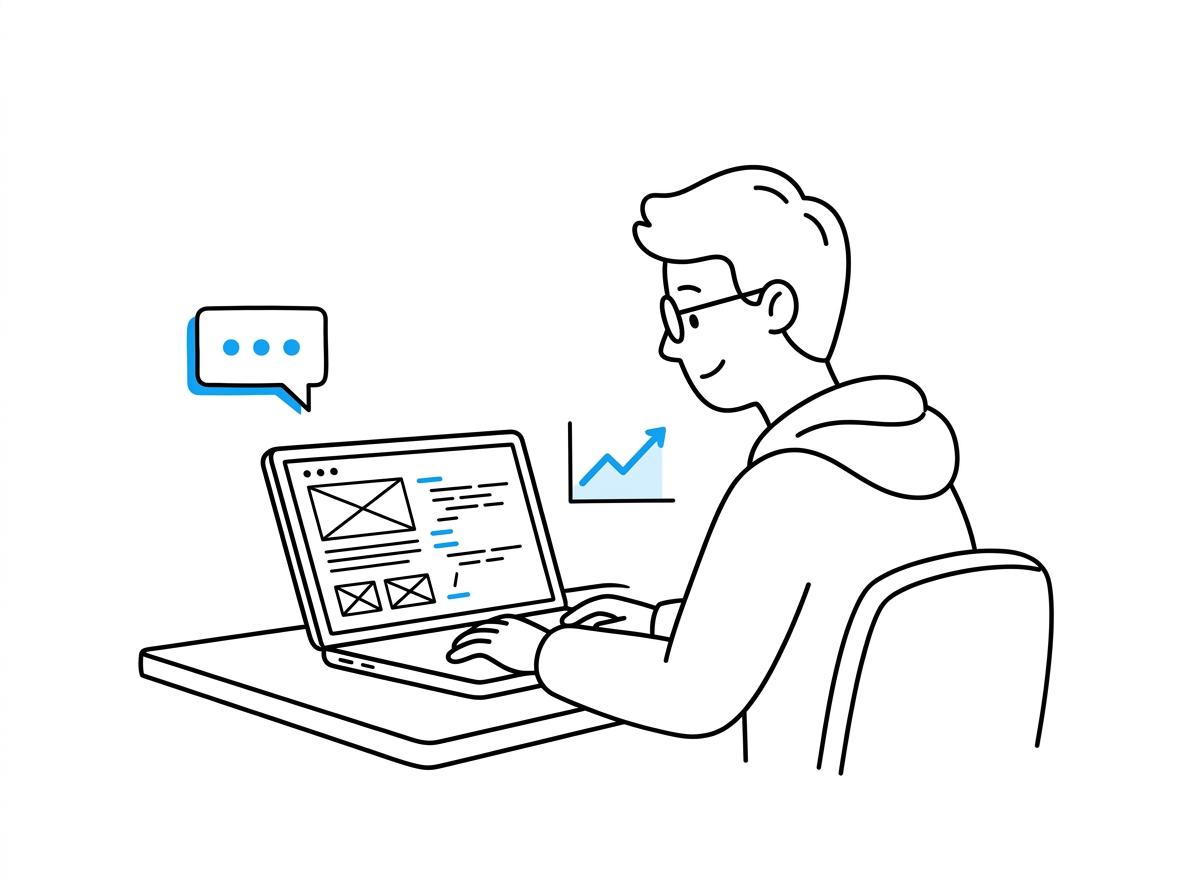 A beginner at a laptop watching a simple app get built from a plain-English prompt, with a chat bubble and a rising chart nearby