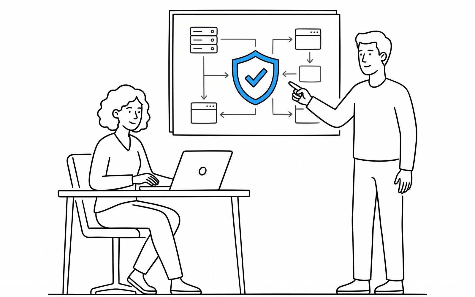 Two colleagues reviewing a system security diagram with a shield and checkmark on a whiteboard
