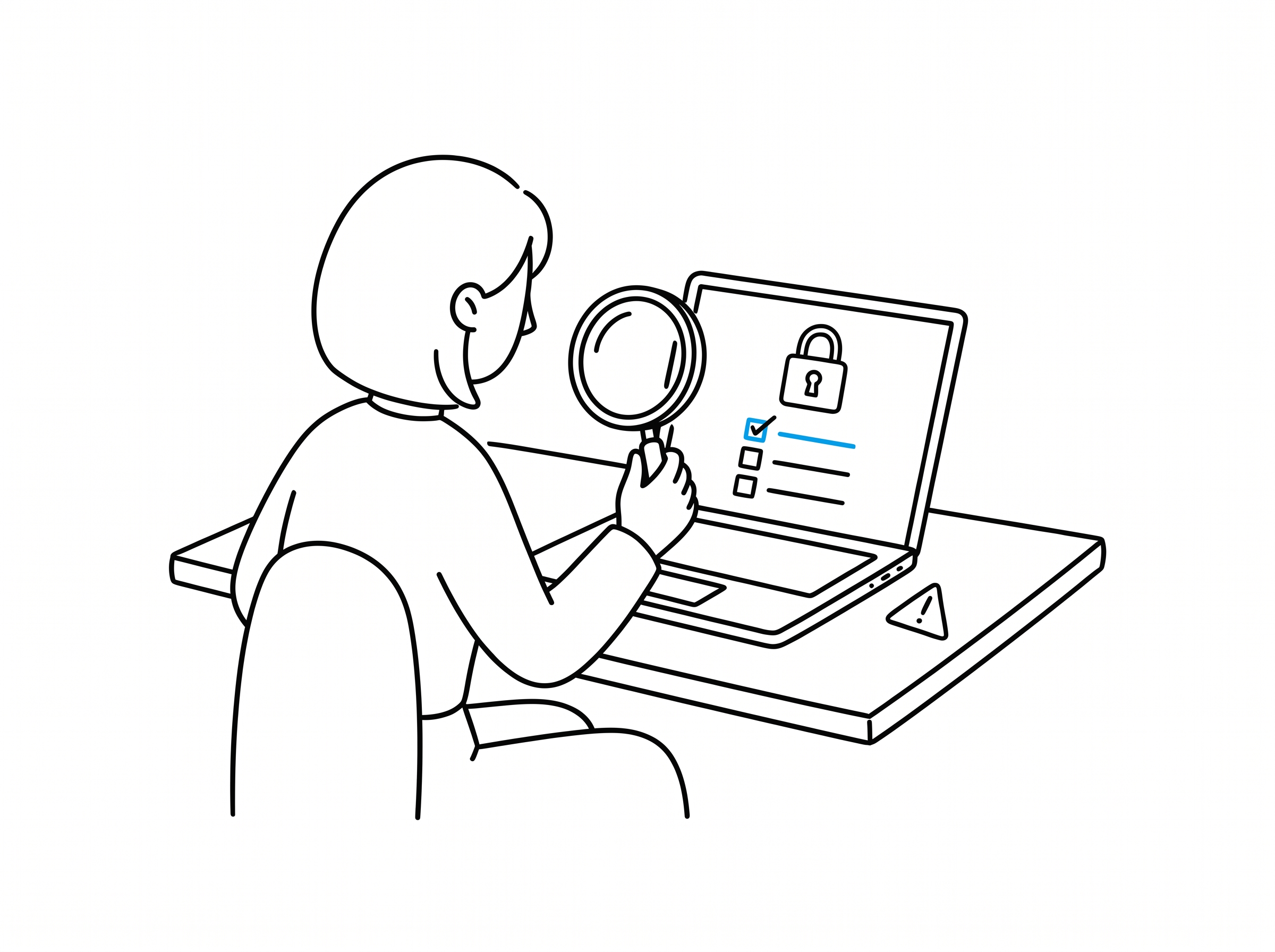 Person examining a laptop with a magnifying glass over a padlock icon and a checklist with one blue checkmark