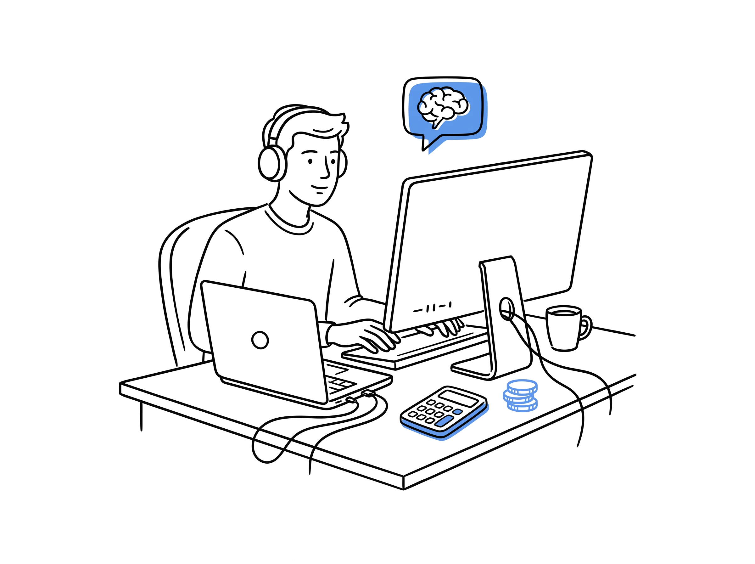 A solo vibe coder at his desk figuring out how much to charge, with an AI assistant and a calculator