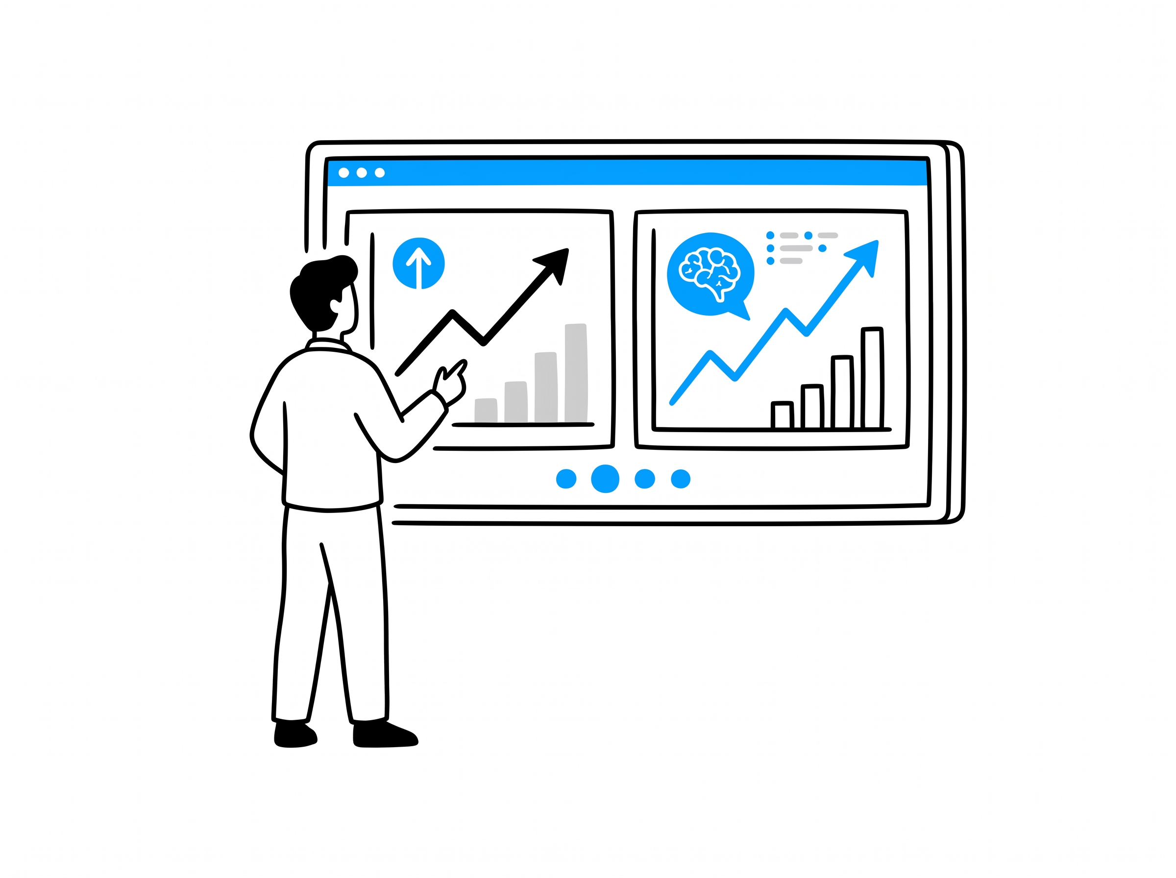Marketer standing in front of a wall-mounted dashboard showing a rank-position chart and a blue AI-citation chart trending upward side by side