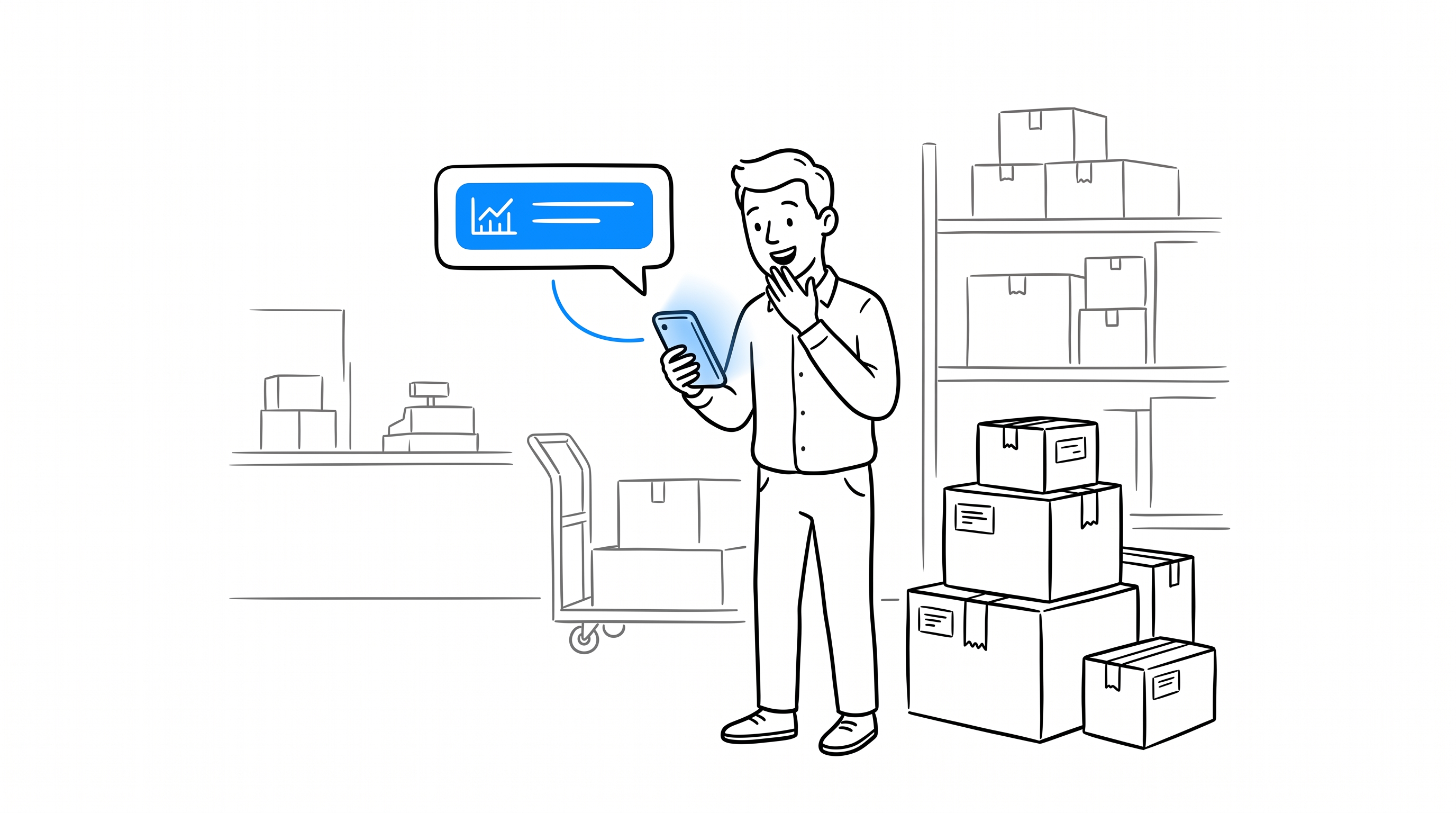 A store owner receiving a real-time AI chatbot lead notification on his phone in the warehouse