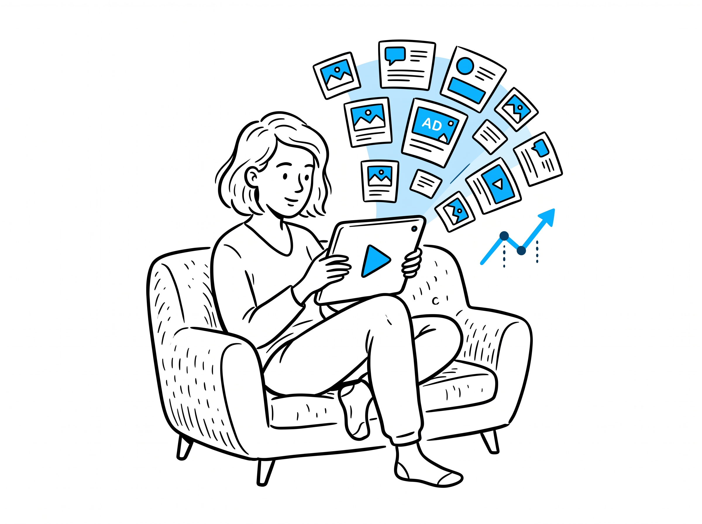 A woman on a couch holds a tablet with a play button while small content thumbnail icons multiply above her next to a blue growth arrow