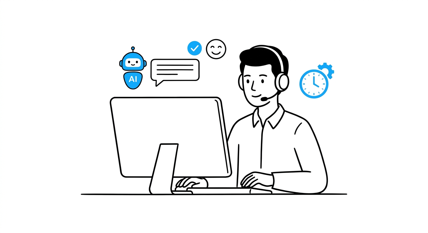 A support agent at a desk watching an AI chat resolve a customer ticket automatically