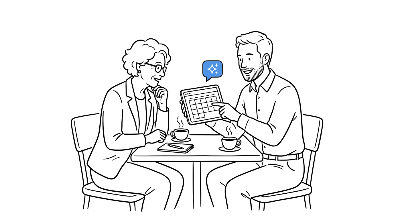 Two small-business owners discuss a booking calendar app with an AI chat icon above the tablet