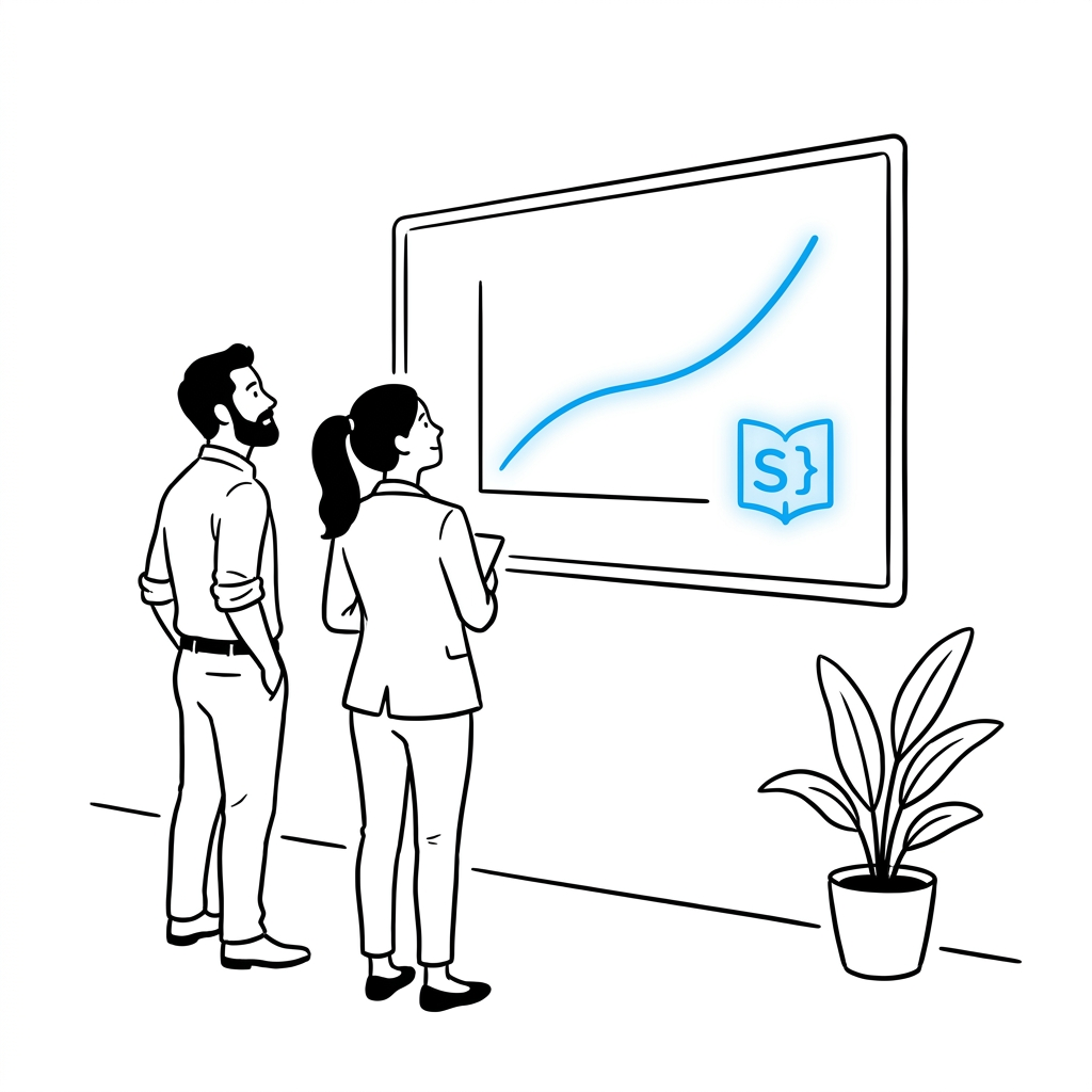 Two colleagues reviewing a rising search impressions chart on a wall screen, with a schema markup icon highlighted in blue