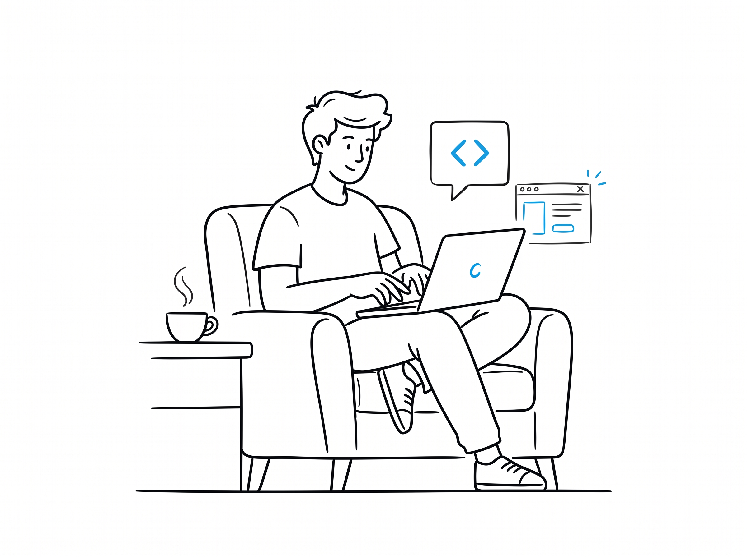 Solo founder vibe-coding on a laptop with a code chat bubble and an app interface materializing beside them