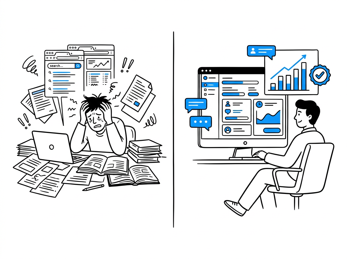 Split scene: a stressed person surrounded by scattered papers and browser tabs on the left, a calm person watching one unified blue-accented growth dashboard on the right
