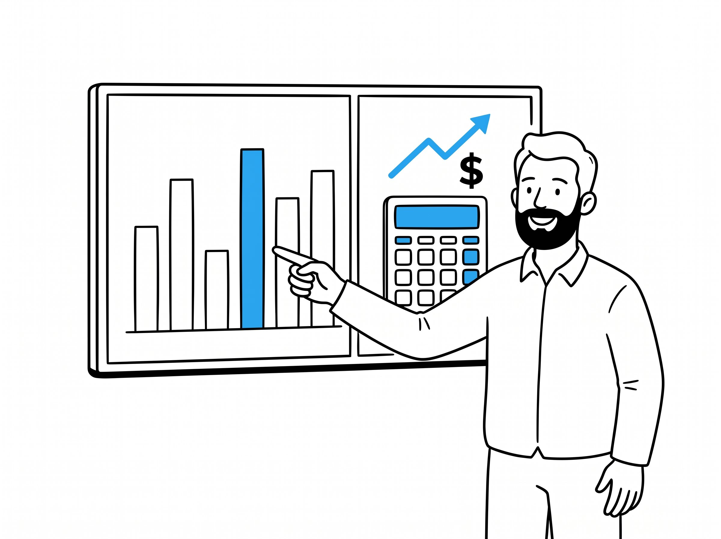 Store owner pointing at a blue-highlighted channel performance bar chart next to a calculator showing a rising revenue line