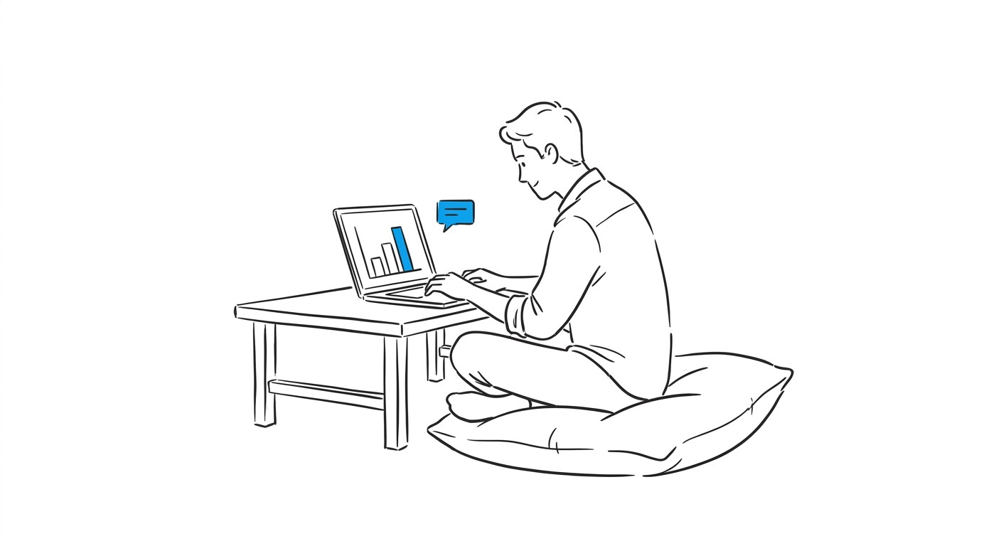 A freelance consultant reviews a custom dashboard with one blue-highlighted metric on a laptop