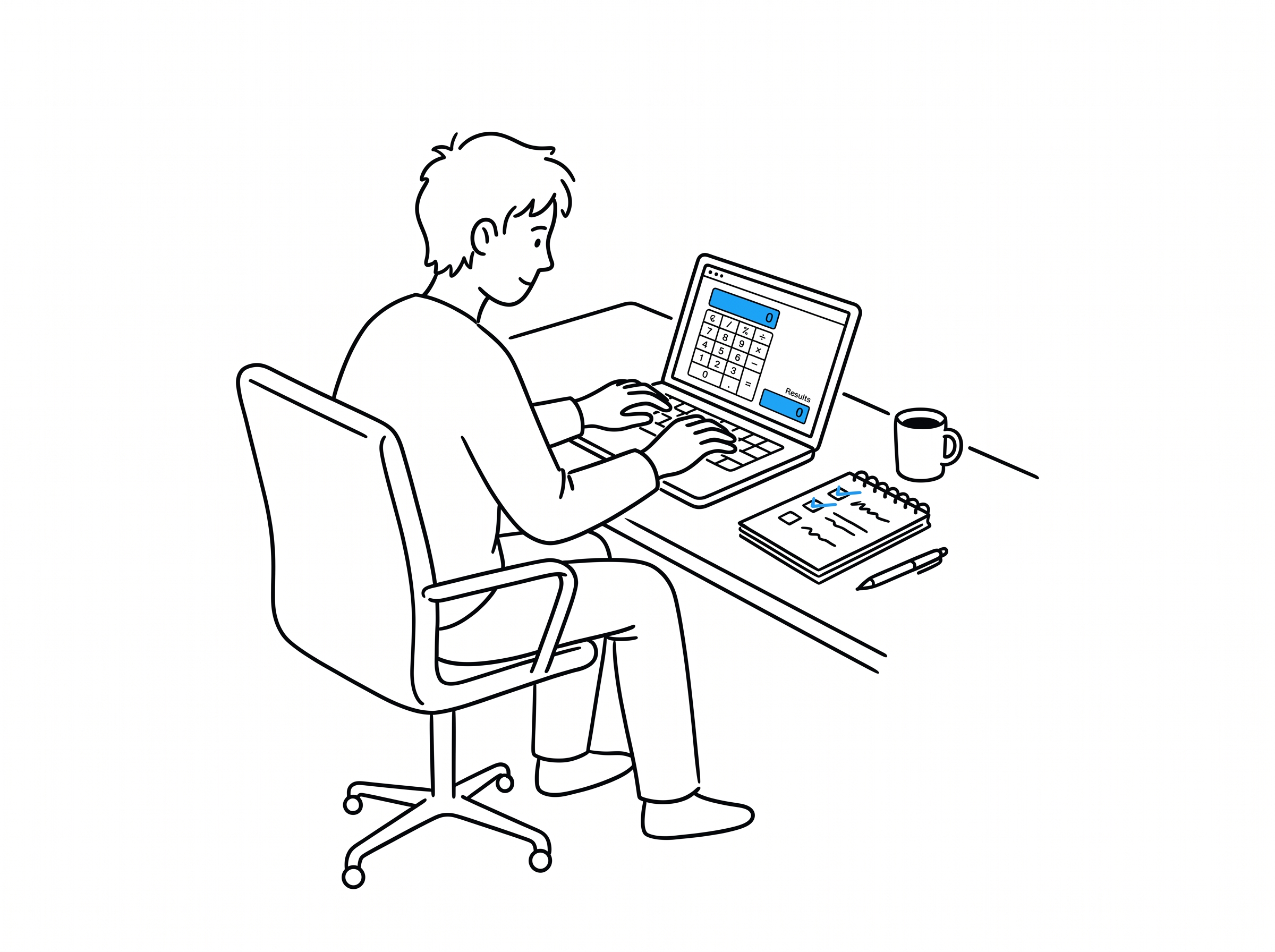 A person at a desk entering numbers into a calculator app on a laptop next to a checklist notepad with check marks, black line art on white with blue accent