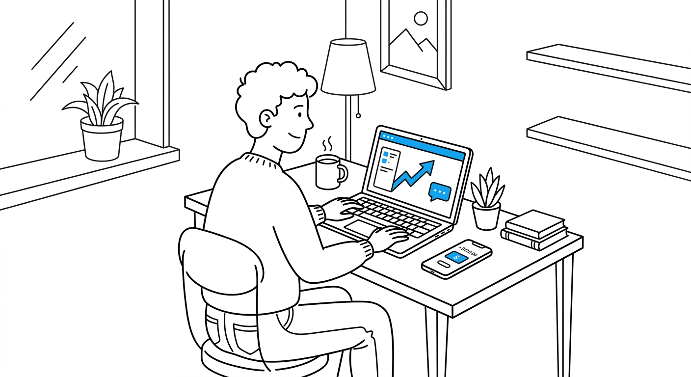 Solo founder at a laptop with a rising growth chart and a payment notification on a phone