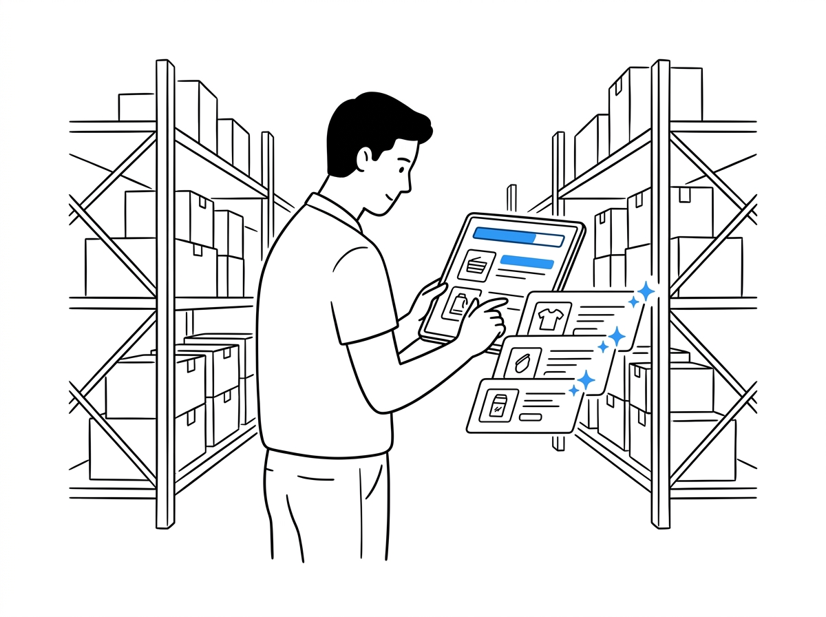 Warehouse worker reviewing AI-generated product listings on a tablet