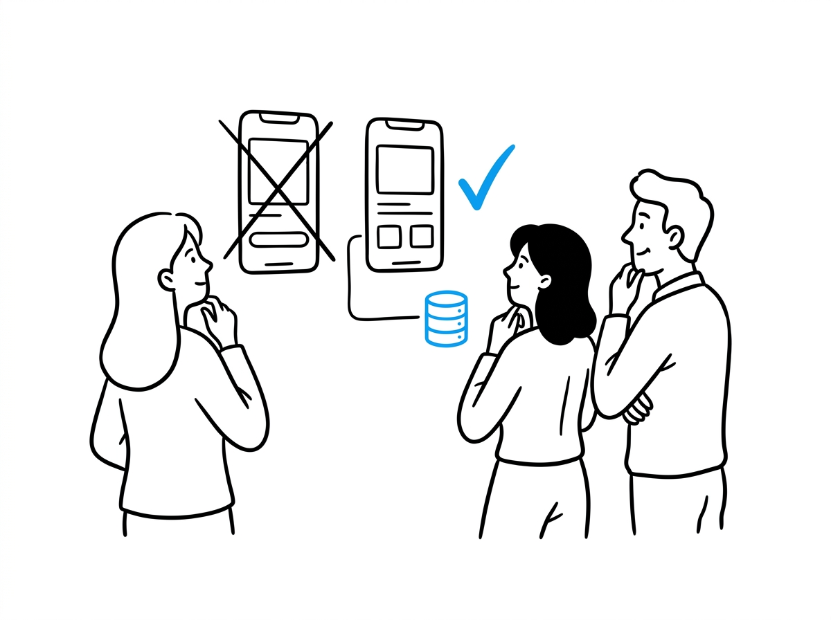 Team comparing a crossed-out generic app outline against an internal app connected to a database, marked with a checkmark