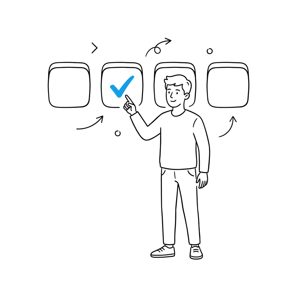 A beginner stands comparing four simple app outlines floating in a row, pointing at one with a highlighted checkmark
