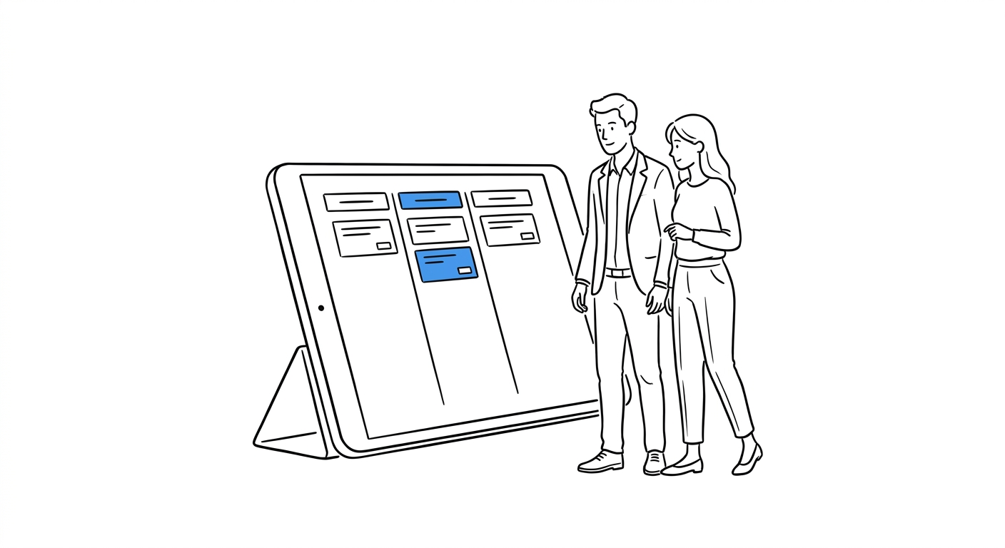 Two colleagues reviewing a simple kanban board with highlighted task card on a tablet