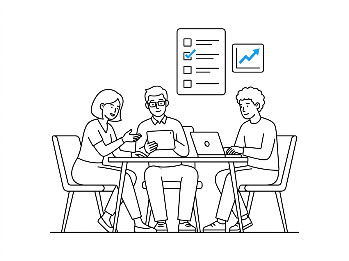 Small ecommerce growth team reviewing a checklist and a rising growth-rate chart