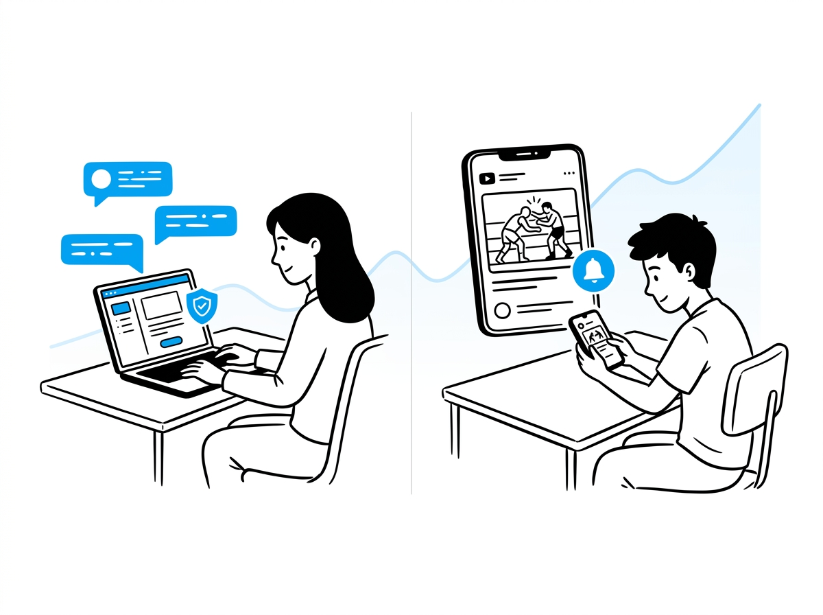 Split scene: a woman building a safety app with AI chat bubbles on her laptop, and a teenager checking a wrestling-video app with a subscription bell icon on his phone