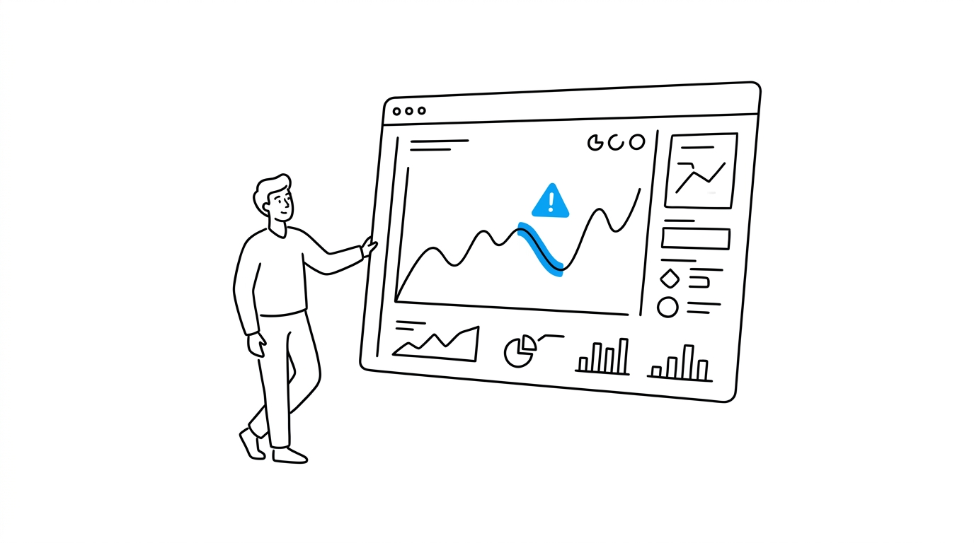 A person stands beside a floating dashboard panel with a line chart, one segment highlighted by a blue alert icon flagging an early churn signal