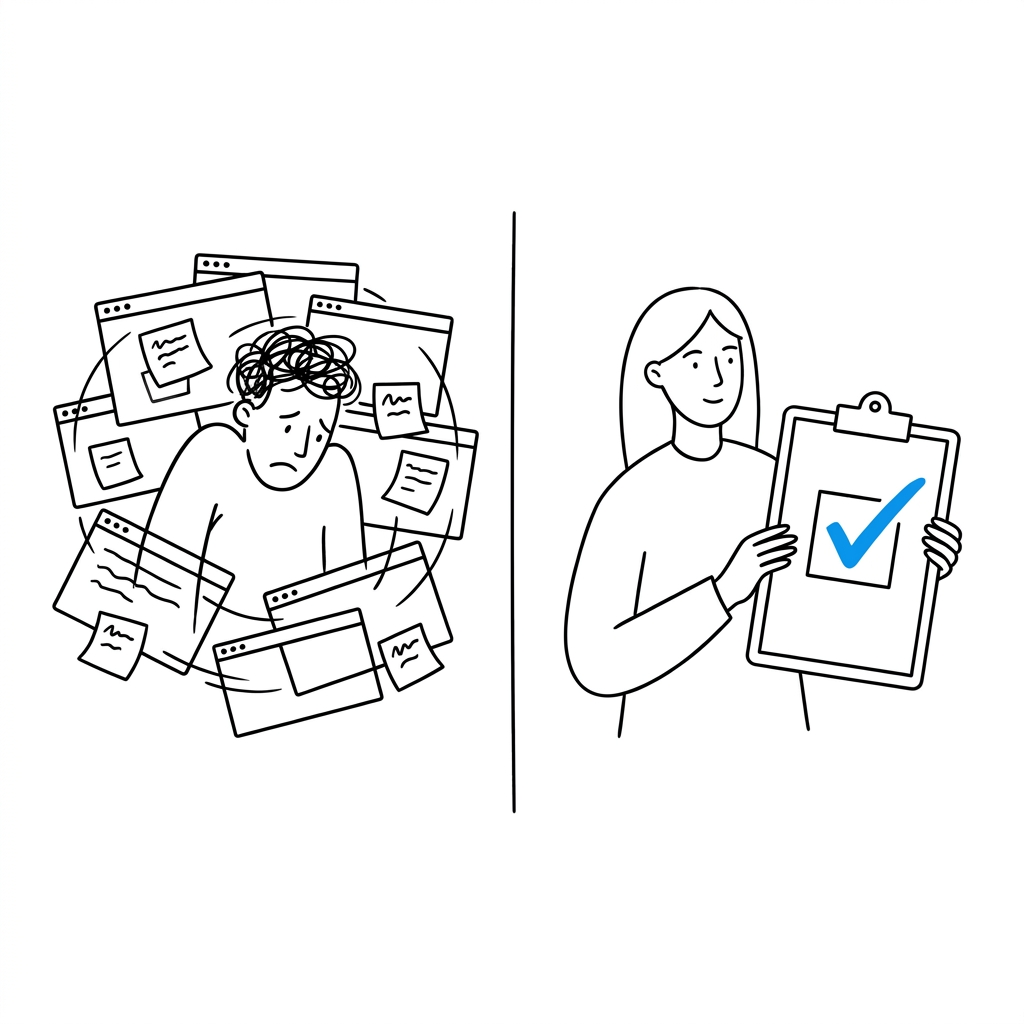 Split scene: one person surrounded by scattered spreadsheets and browser tabs, another calmly reviewing a single blue-highlighted audit checklist