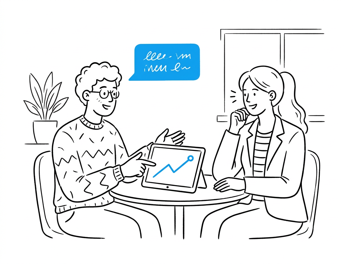 Two people negotiating a service price across a table with a growth chart on a tablet