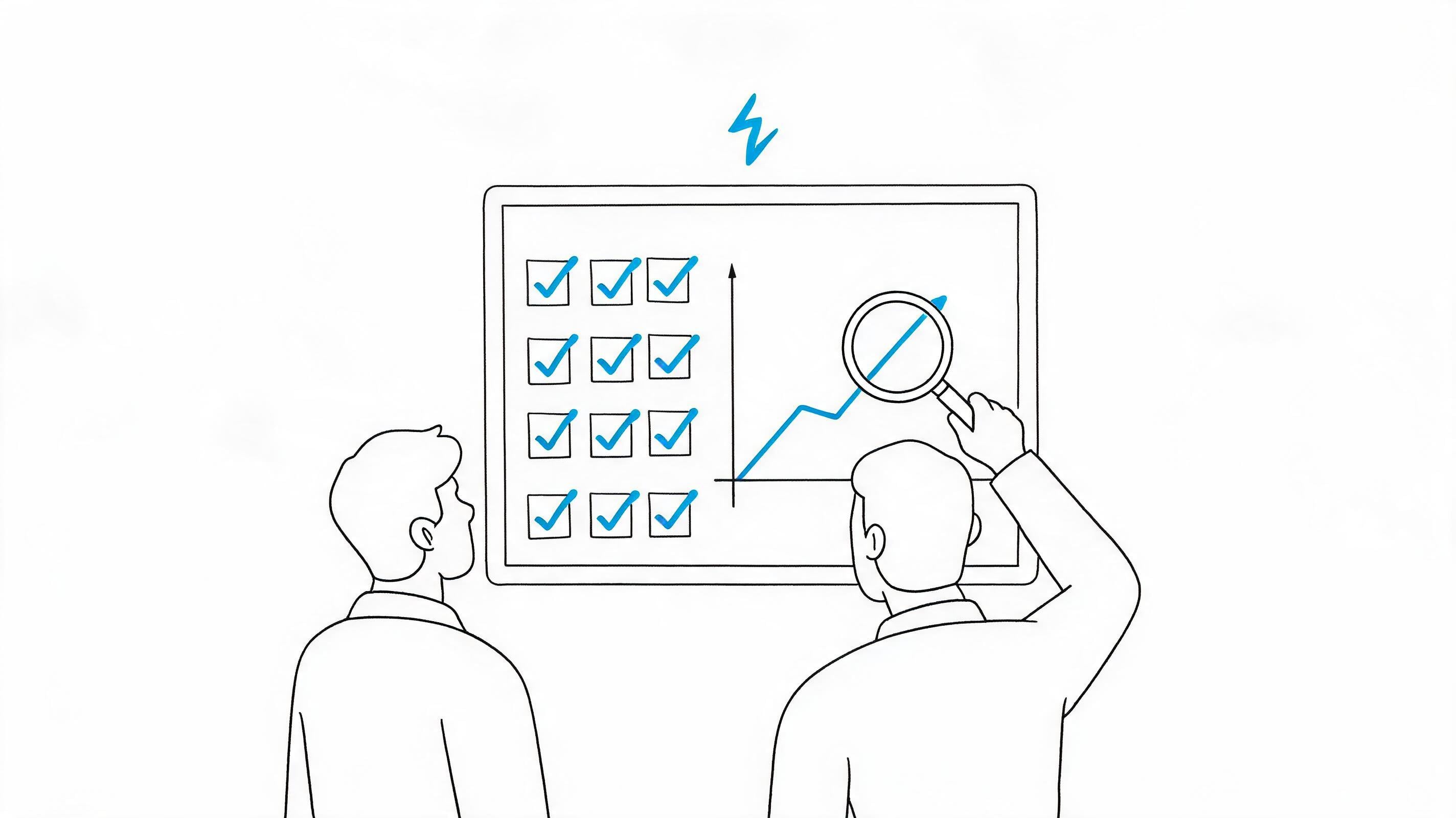 Growth team reviewing an AI-powered checklist and an upward revenue trend line on a monitor