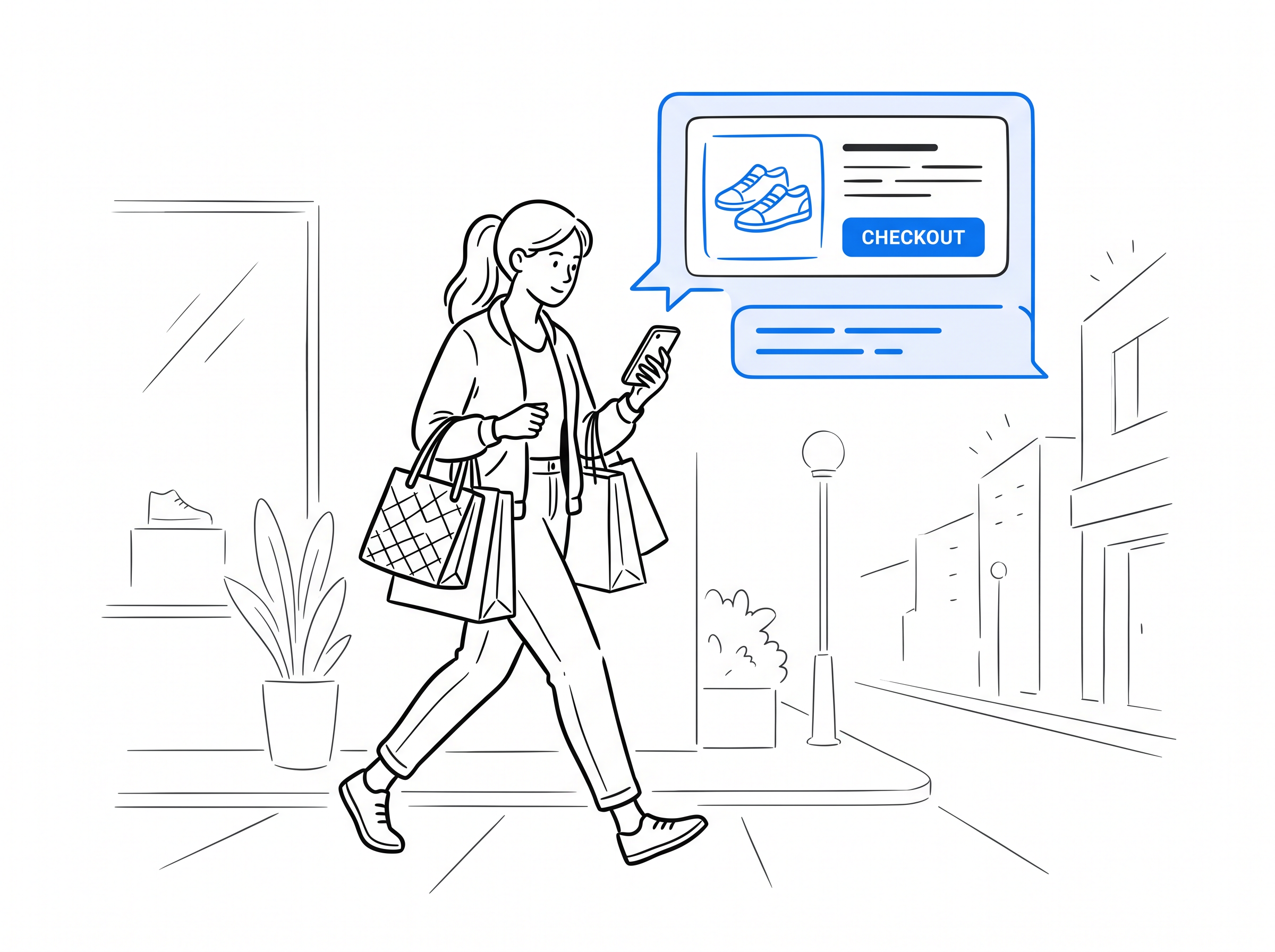 A woman shopping on her phone, chatting with an AI sales agent shown in a blue chat bubble with a recommended product card and checkout button