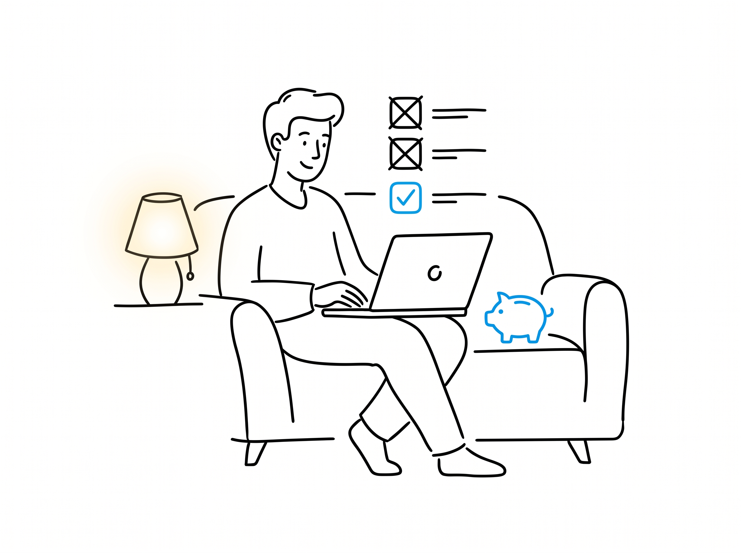 Person at night crossing out subscription icons on a checklist, one remaining app circled in blue next to a piggy bank
