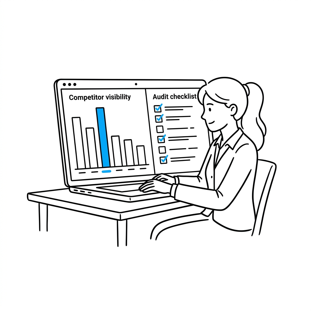 Ecommerce growth manager at a laptop reviewing a competitor visibility ranking dashboard and audit checklist, one bar and several checkmarks highlighted in blue