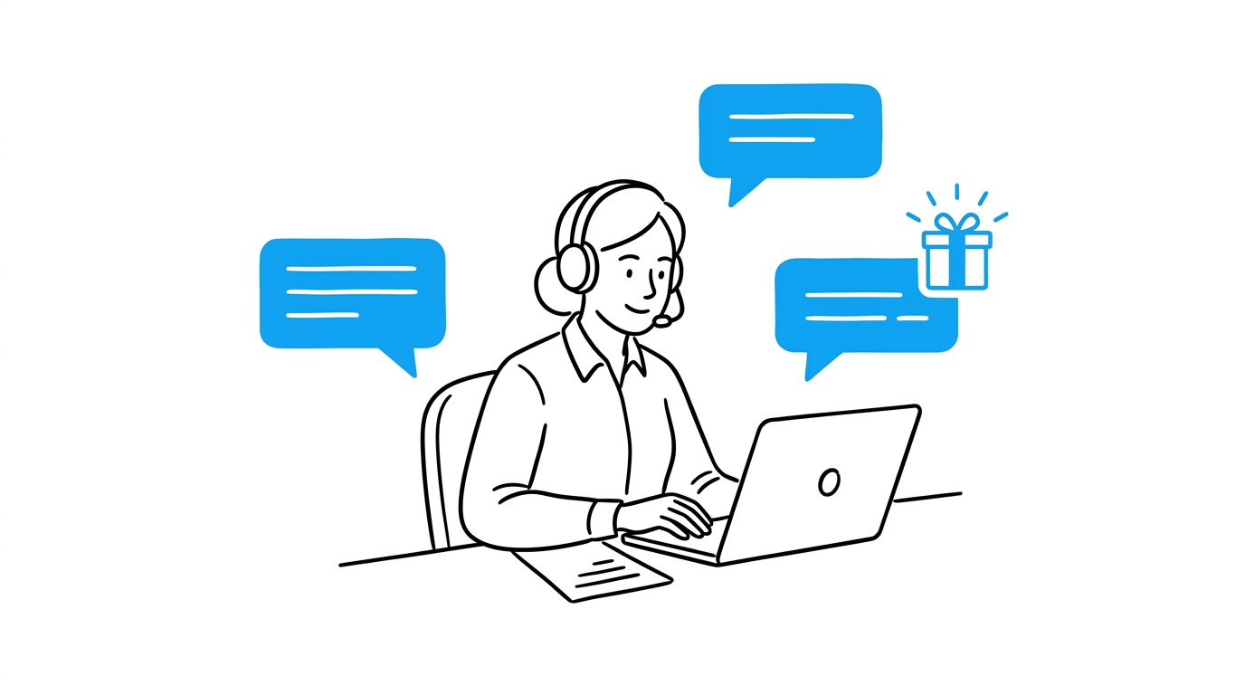 A support agent at a desk with three floating blue chat bubbles multiplying and a glowing blue bundle-box icon beside one bubble