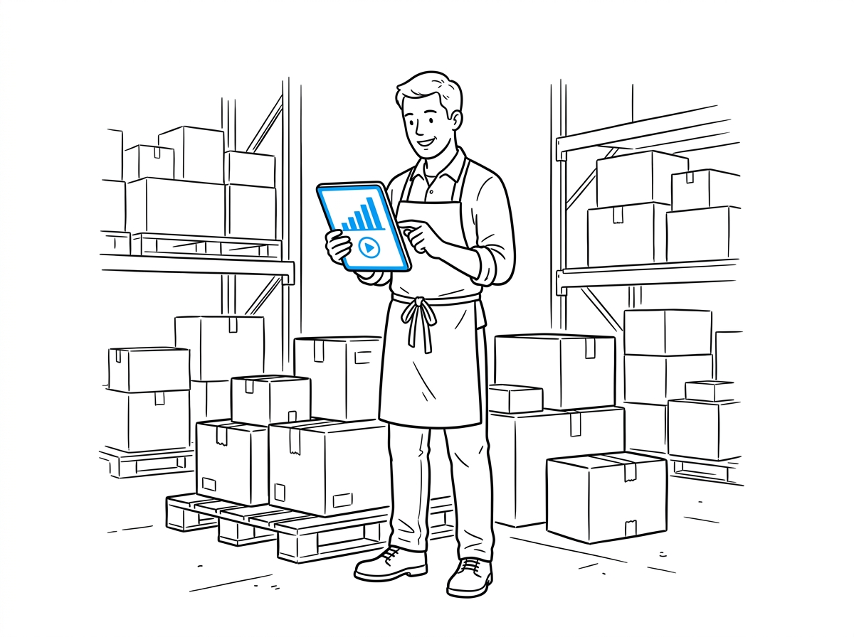 Warehouse worker checking a tablet with a rising chart and a blue play icon