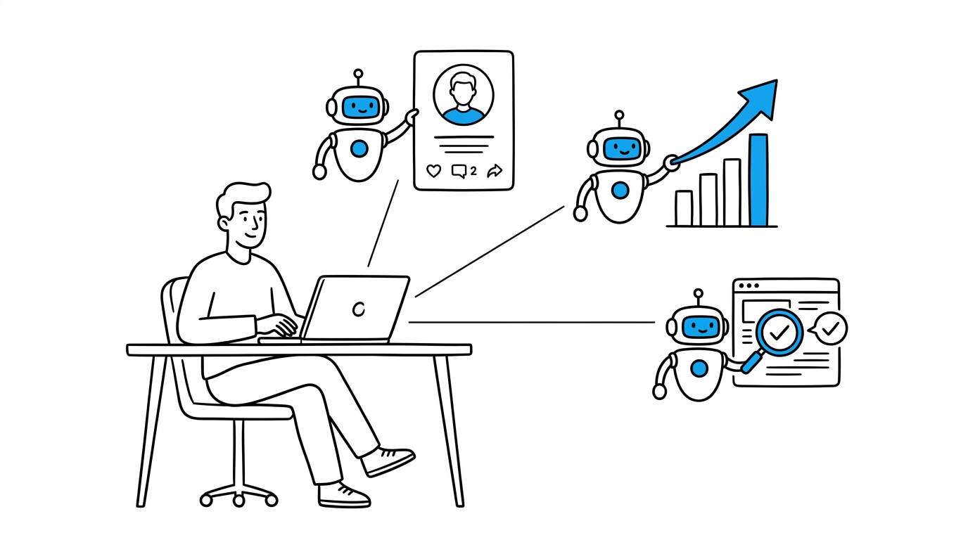A person at a laptop while three AI marketing agent icons work in the background on creator outreach, ad performance, and content checks
