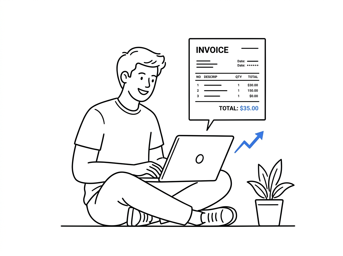 A freelancer sitting on the floor with a laptop, reviewing an invoice with a blue-highlighted total and a small growth arrow chart