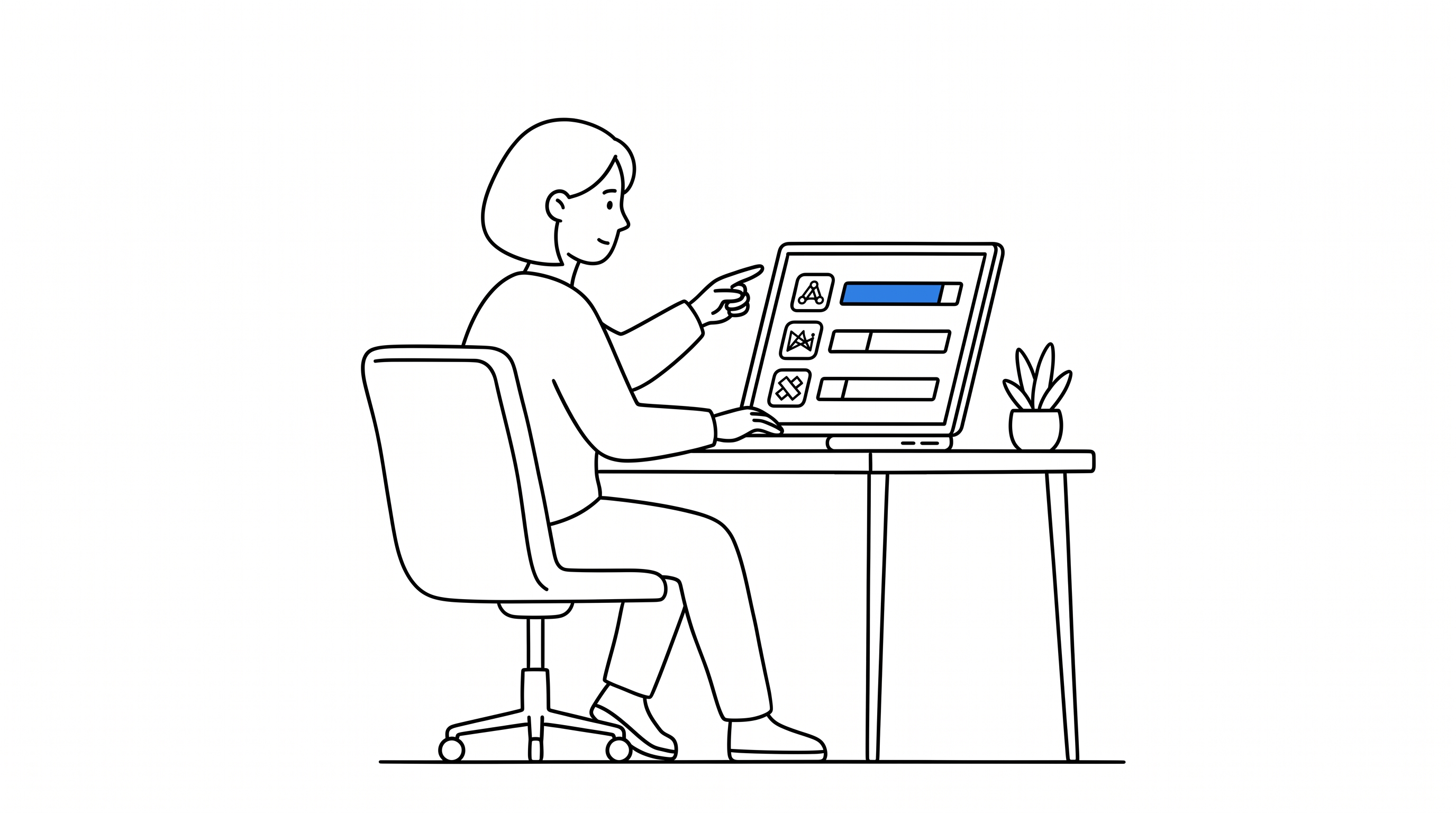 Pessoa em uma mesa apontando para um ranking de ferramentas de criação de apps na tela do laptop, com a barra de maior pontuação destacada em azul