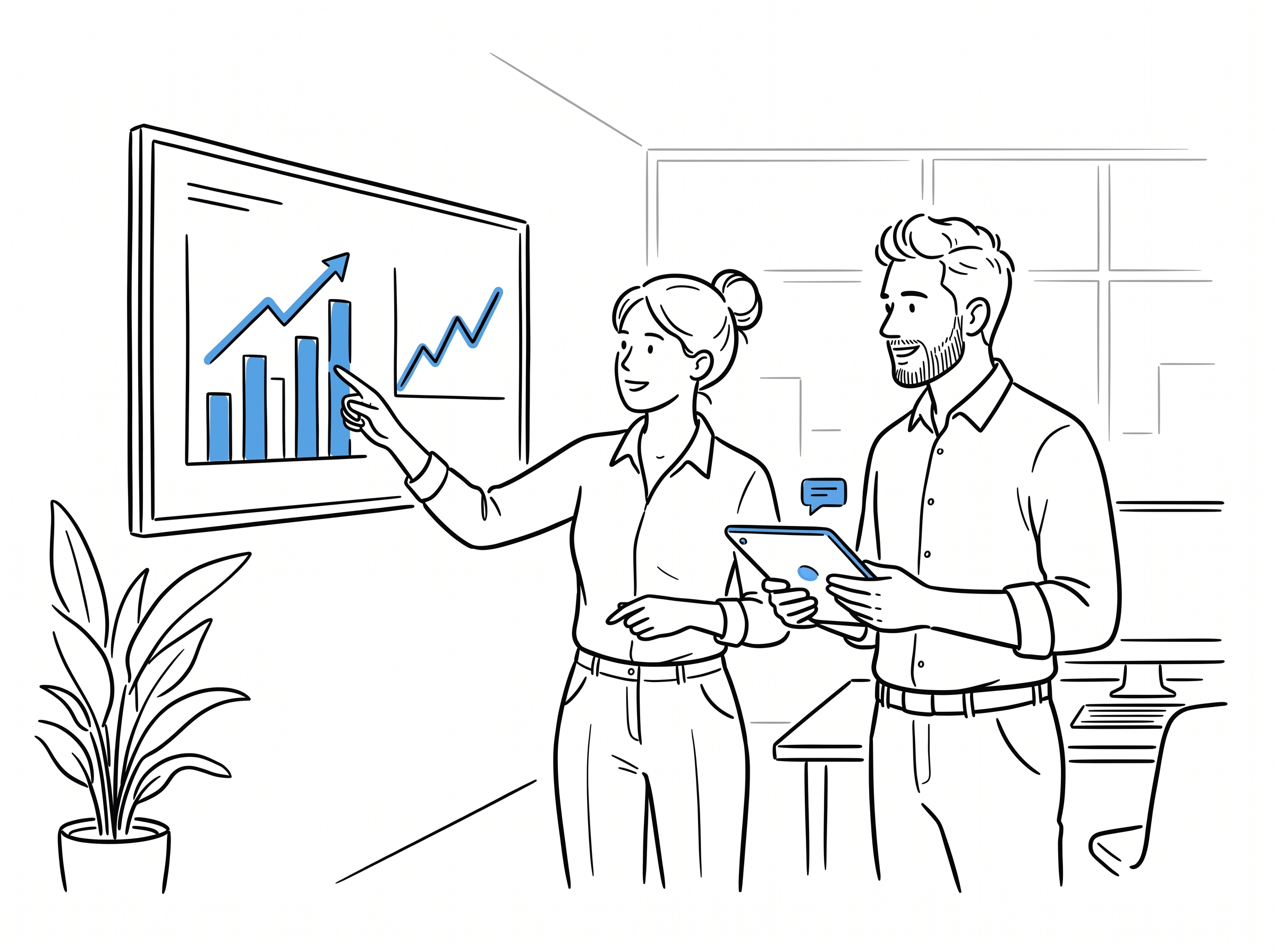 Two coworkers standing in front of a wall-mounted screen with a rising blue bar chart, one pointing at the chart while the other holds a tablet