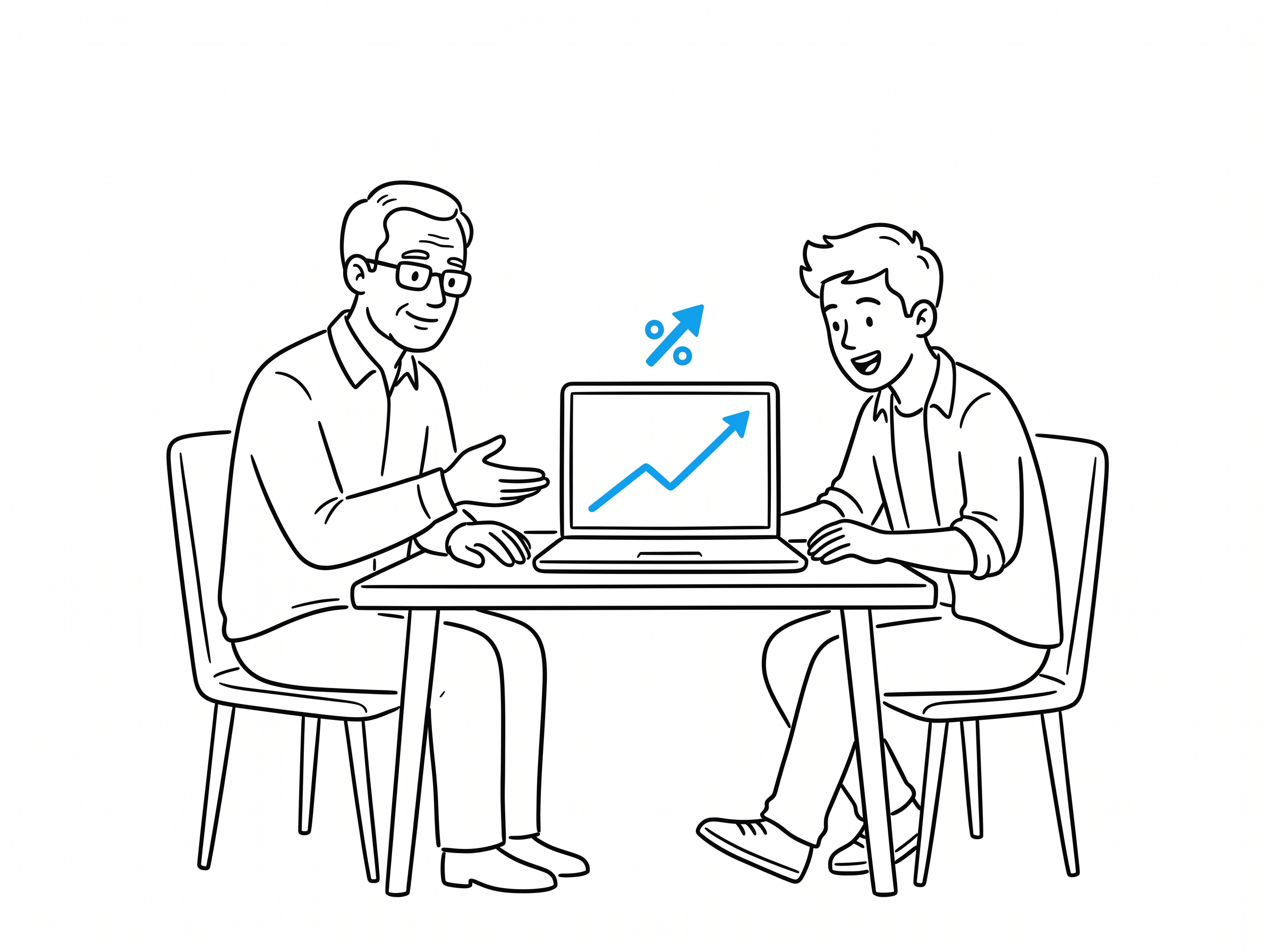 A mentor and a beginner founder reviewing a real growth-rate chart together
