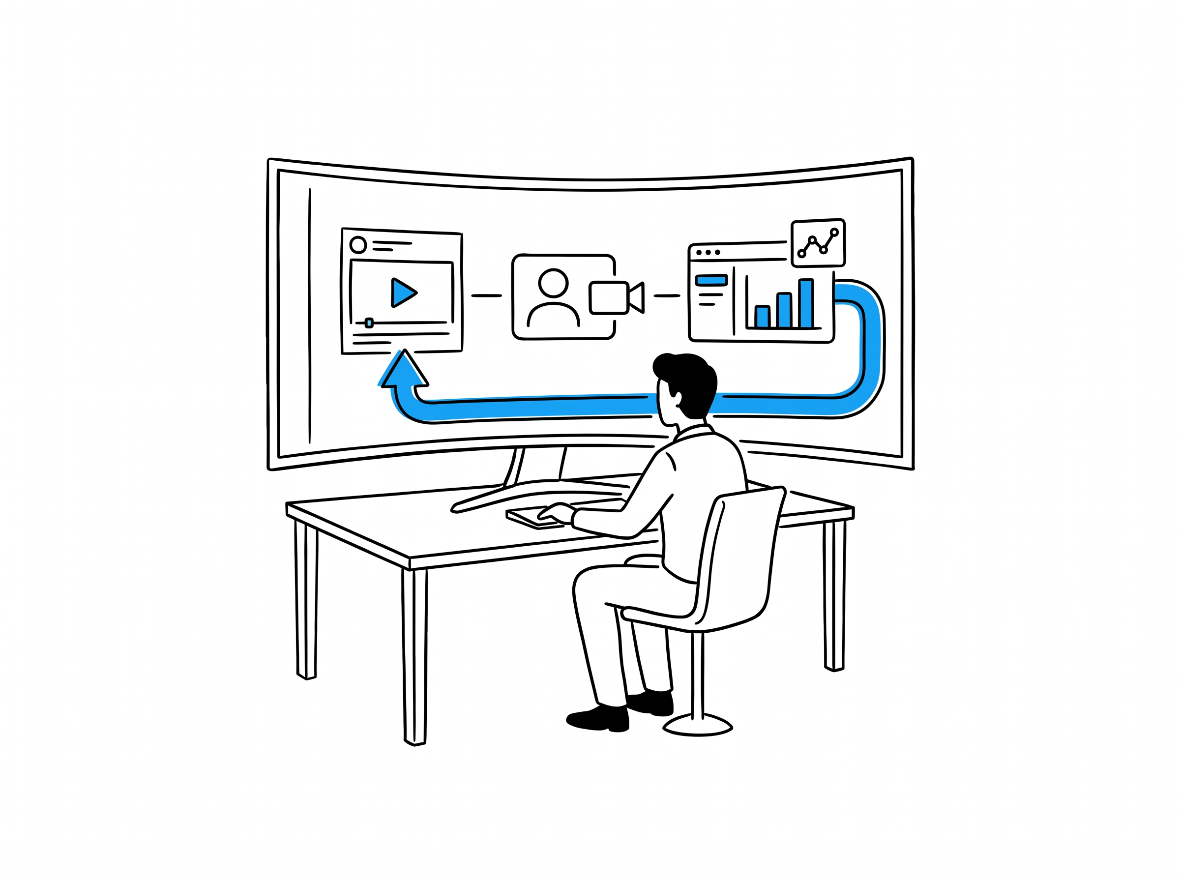 A growth team member reviewing a connected loop of ad creative, creator content, and data dashboard stages