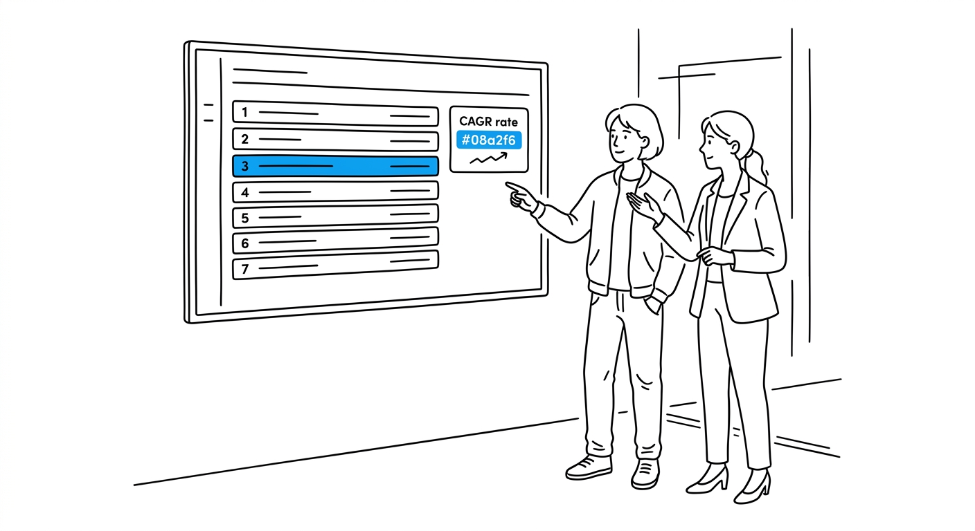 Two cofounders reviewing a ranked leaderboard and CAGR growth card on a wall screen