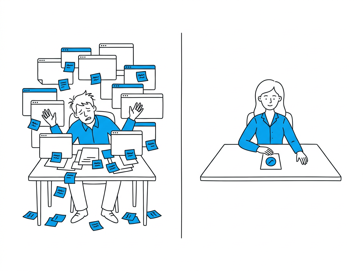 Split scene: one person overwhelmed by scattered browser tabs and sticky notes, another person calmly holding a single shortlisted keyword card with a blue checkmark