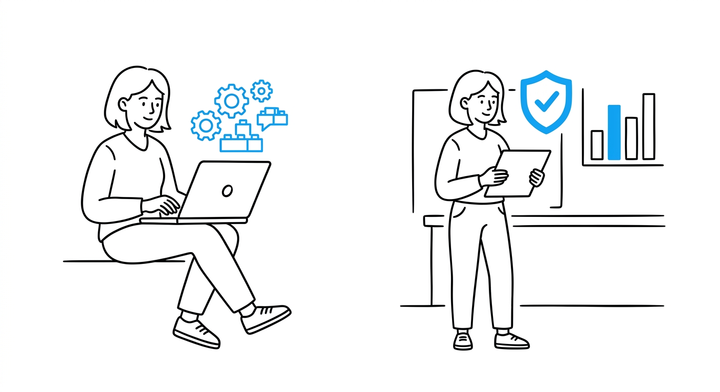 Founder vibe-coding with AI agent icons, then reviewing a security audit checkmark and growth chart