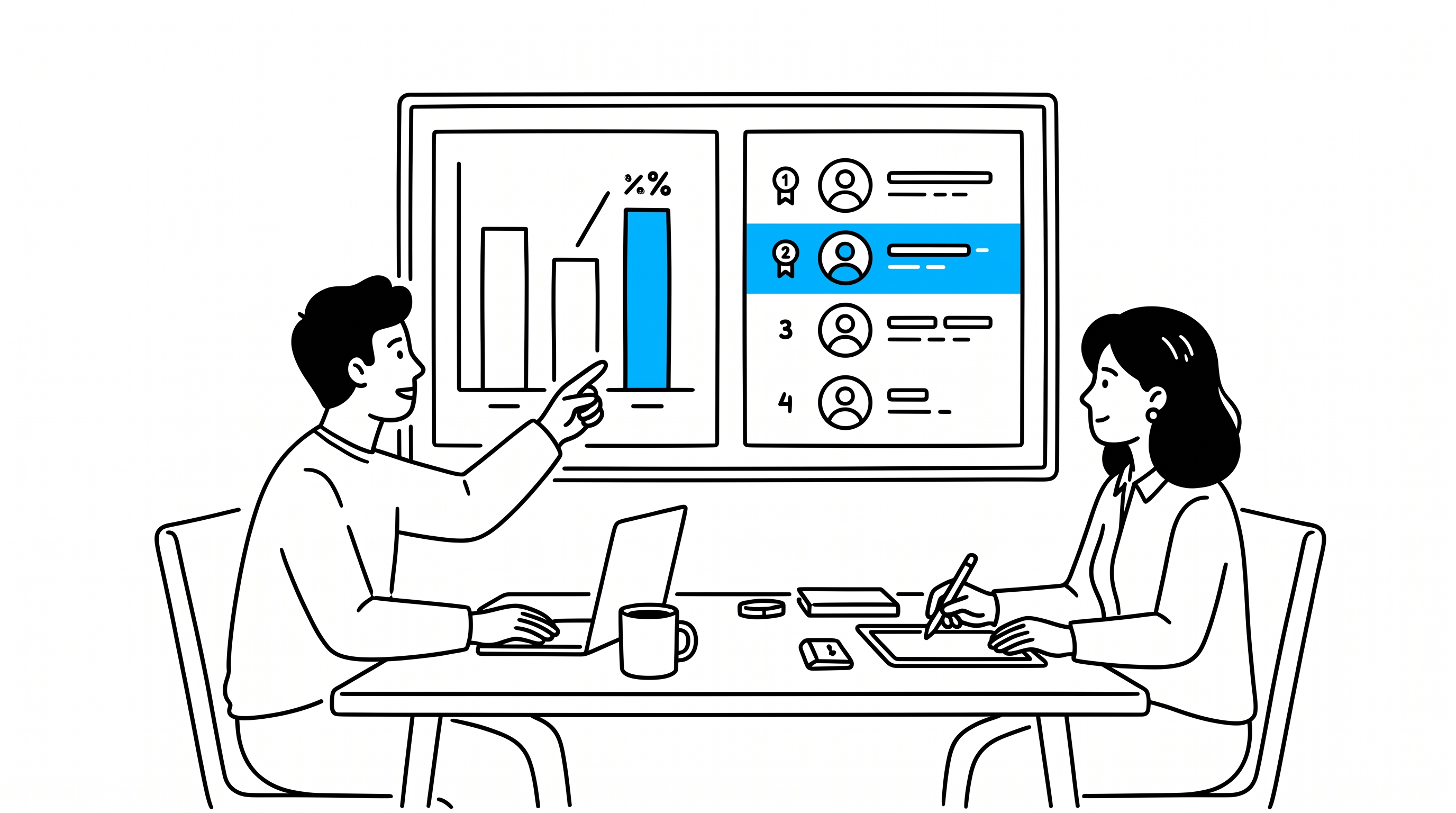 Two people reviewing a margin chart and a ranked creator list on a shared screen