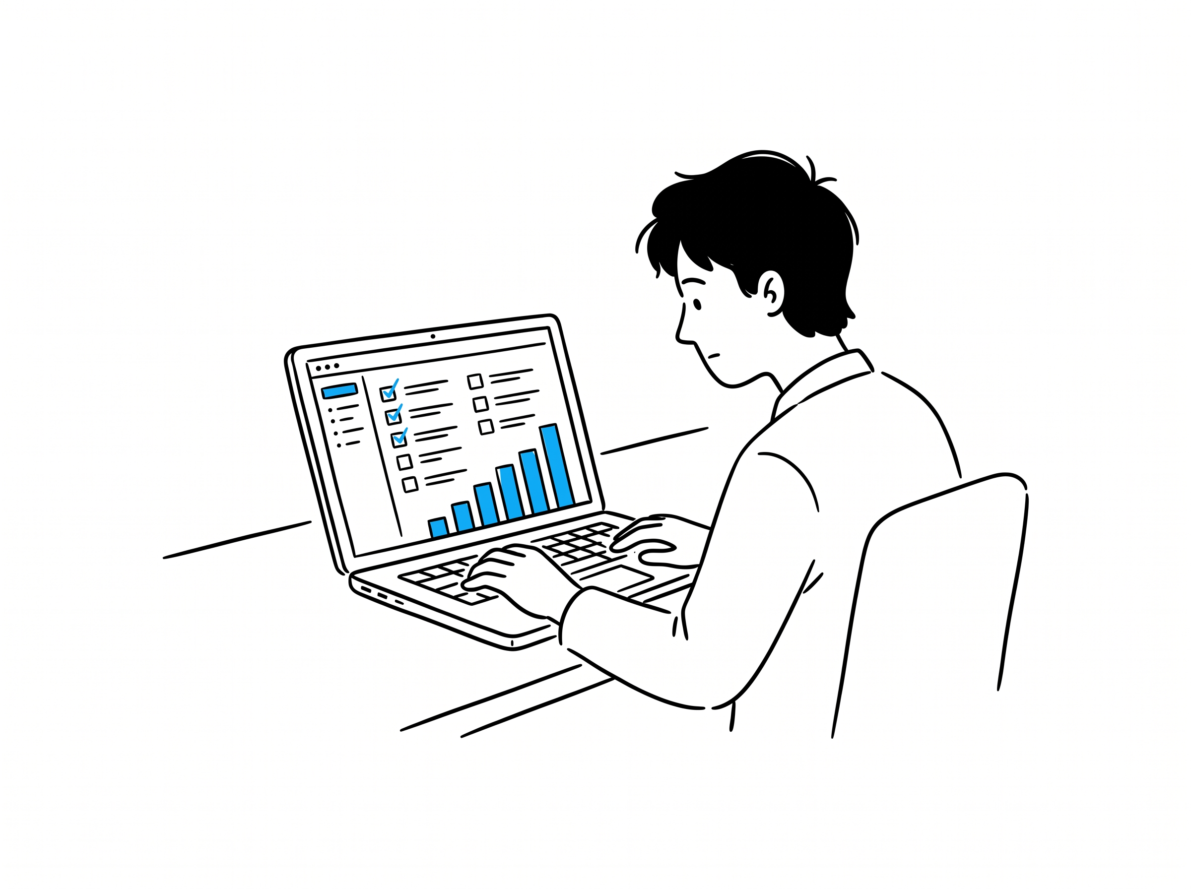 A person at a laptop reviewing a website audit dashboard with a checklist of conversion issues and a rising blue bar chart