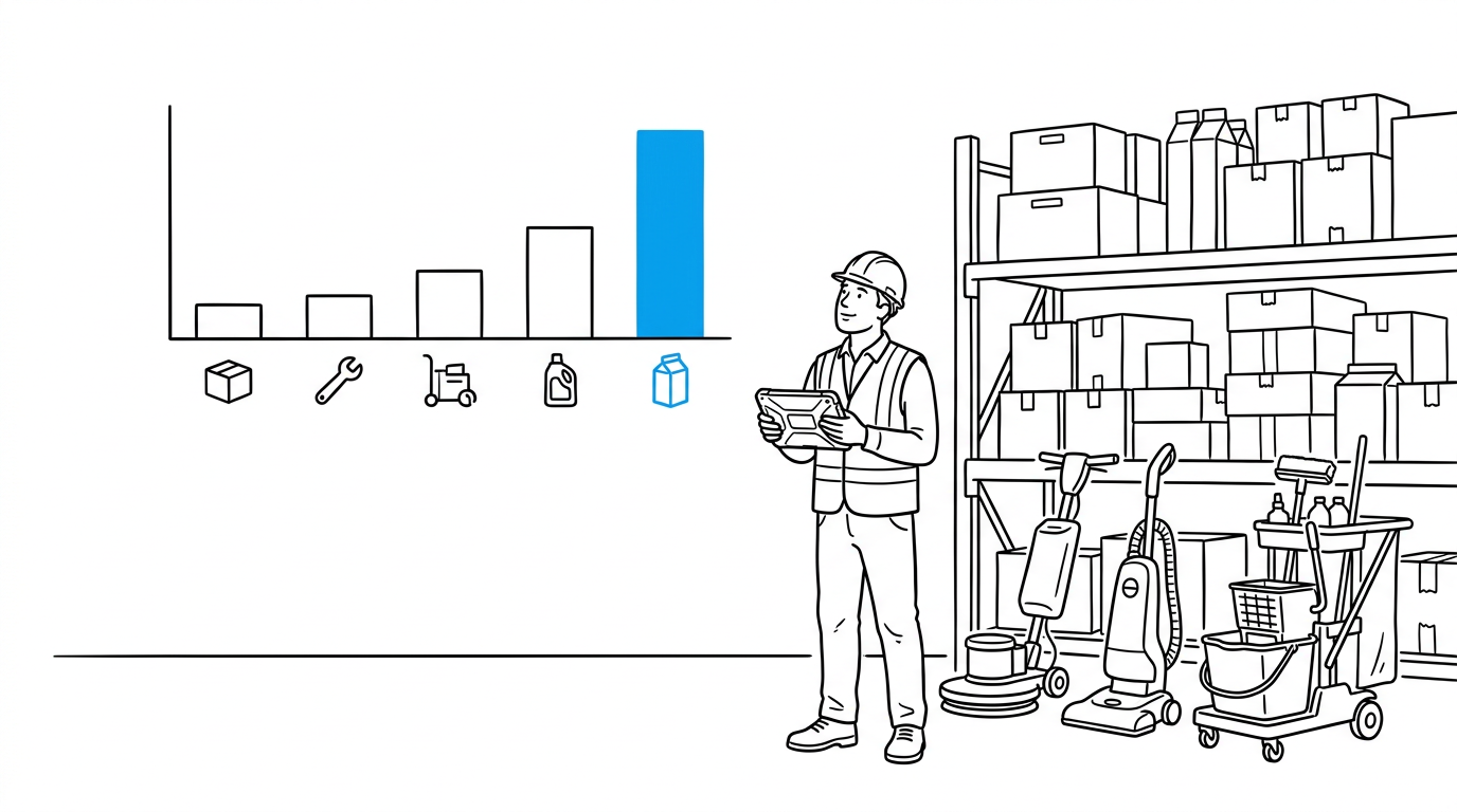Warehouse worker reviewing a segmented product-category revenue chart on a tablet