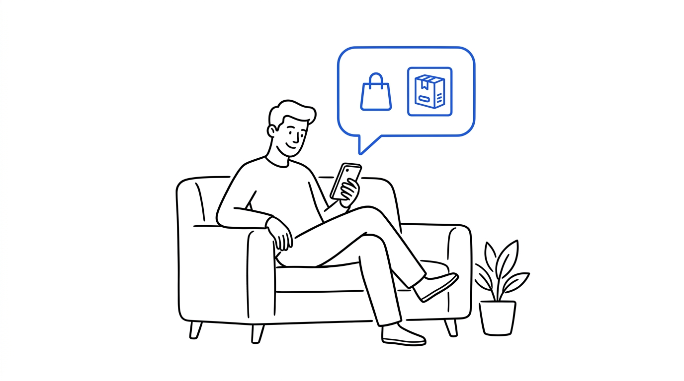 Man on a couch checking his phone with a blue chat bubble showing a shopping bag and product icon, representing an AI assistant recommending a product