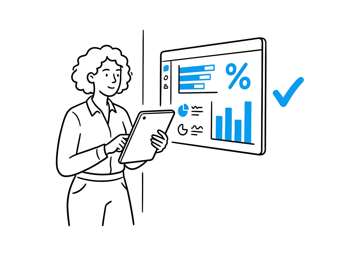 Operator holding a tablet checking a wall dashboard with percentage and bar-chart data against a checkmark