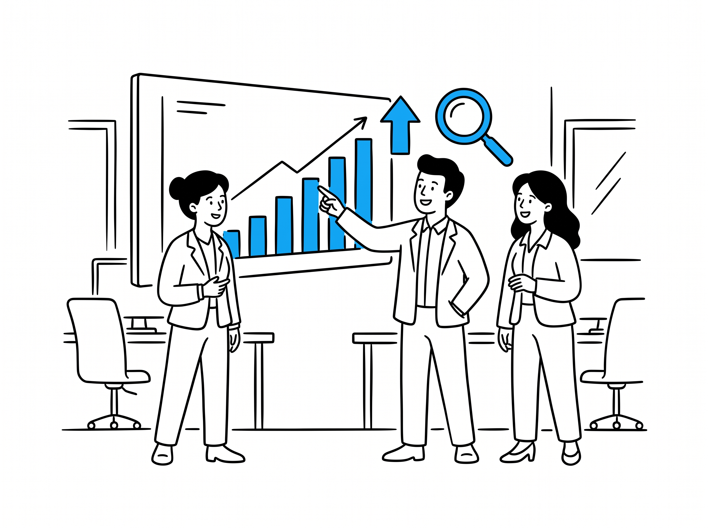 A small team reviews a growth chart on a wall screen, checking whether early traction is worth scaling