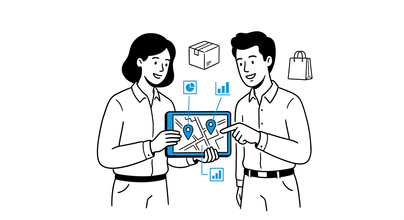 Two colleagues looking at a tablet showing a map with location pins connected to small chart icons, all highlighted in blue