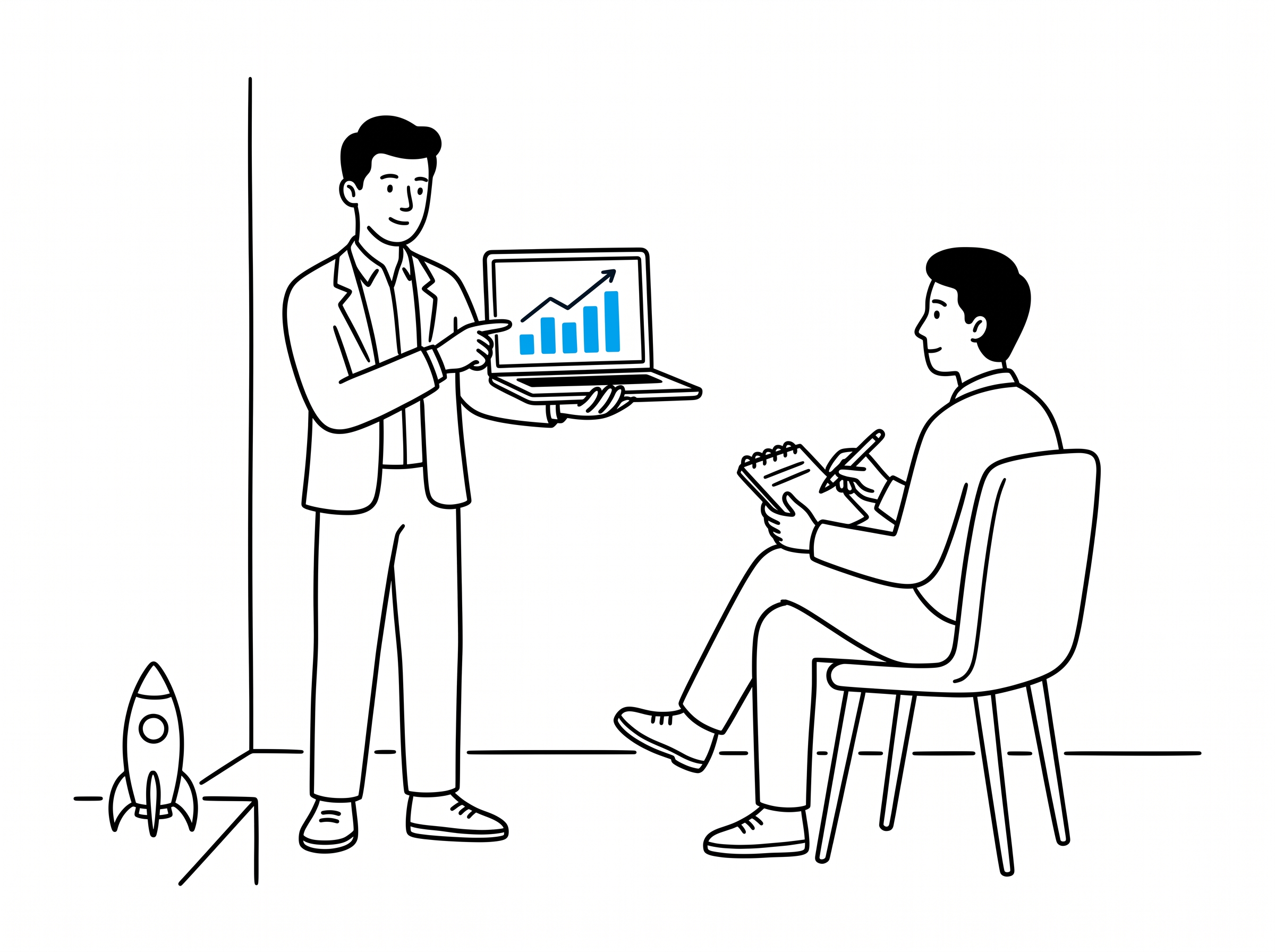 Founder presenting a rising growth chart on a laptop to a seated investor taking notes, a rocket doodle in the corner